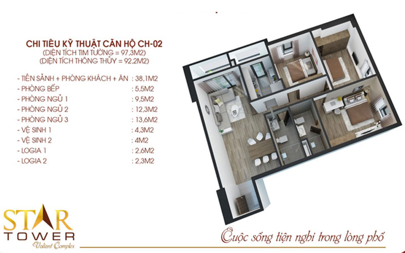 Mẫu thiết kế nội thất căn hộ chung cư Star Tower 92,2m2