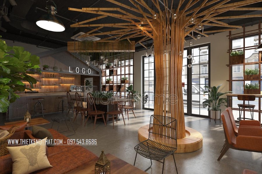 Thiết kế nội thất sảnh tầng 1 quán cafe