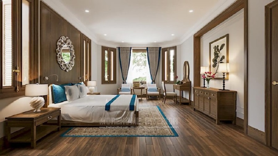 Thiết kế phòng ngủ biệt thự đẹp với nội thất gỗ óc chó cao cấp