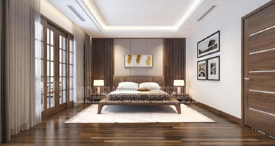 Thiết kế phòng ngủ biệt thự đẹp với nội thất gỗ óc chó cao cấp