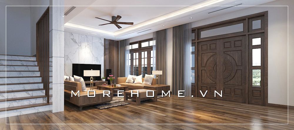 Thiết kế phòng khách gỗ óc chó