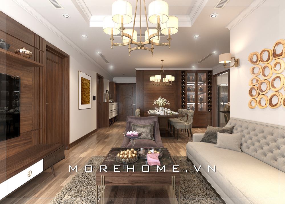 Thiết kế phòng khách gỗ óc chó