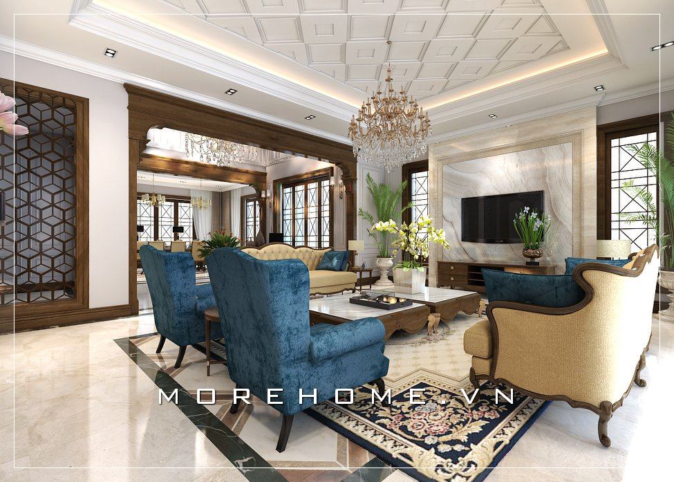 Thiết kế phòng khách gỗ óc chó