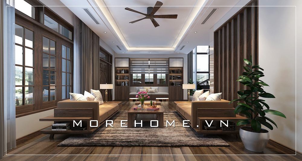 Thiết kế phòng khách gỗ óc chó