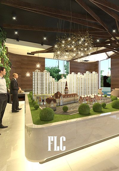 Thiết kế sàn giao dịch bất động sản FLC với ý tưởng nội thất gỗ độc đáo.