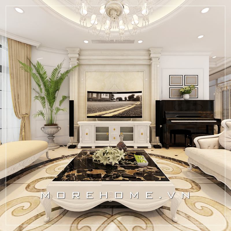 Thiết kế nội thất phòng khách có đàn piano đẹp, sang trọng, tinh tế
