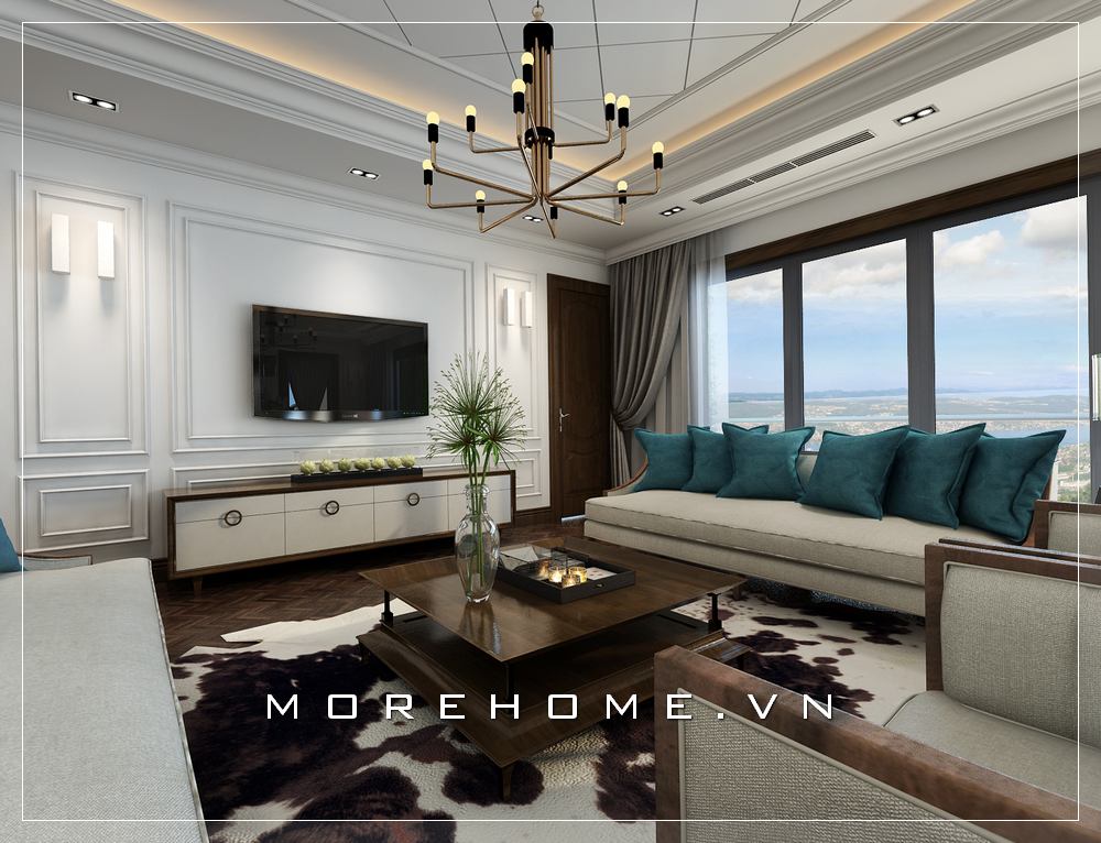 Thiết kế nội thất phòng khách gỗ óc chó