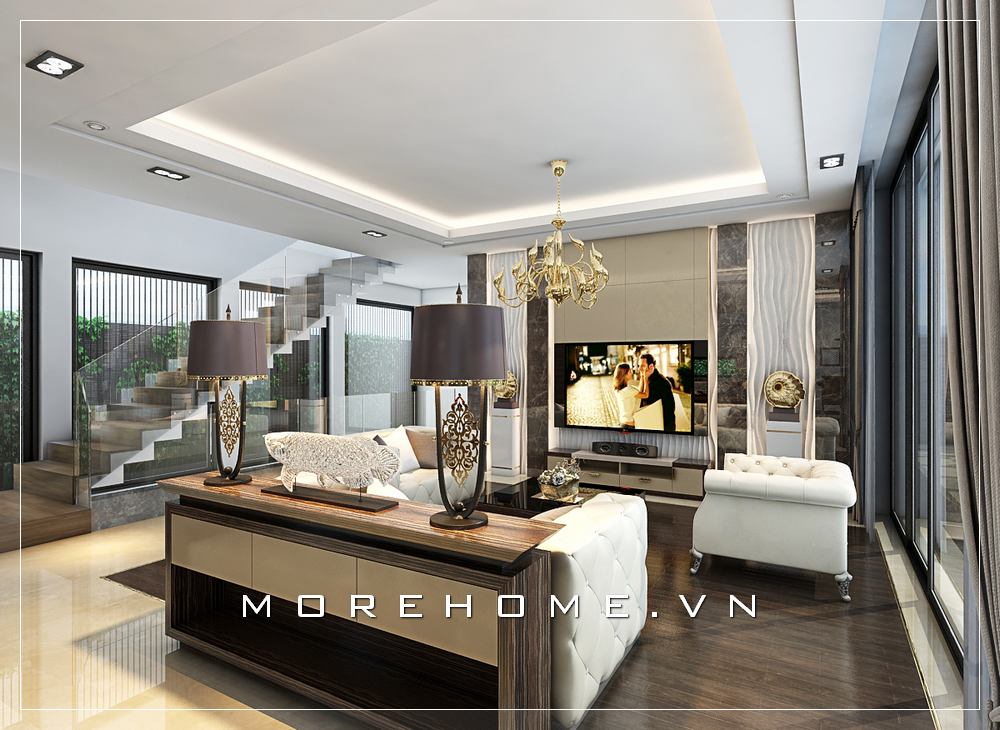 Thiết kế nội thất phòng khách gỗ óc chó