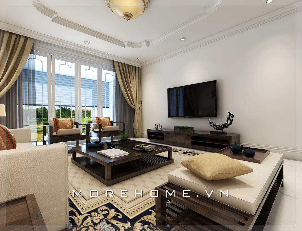 Thiết kế nội thất phòng khách gỗ óc chó