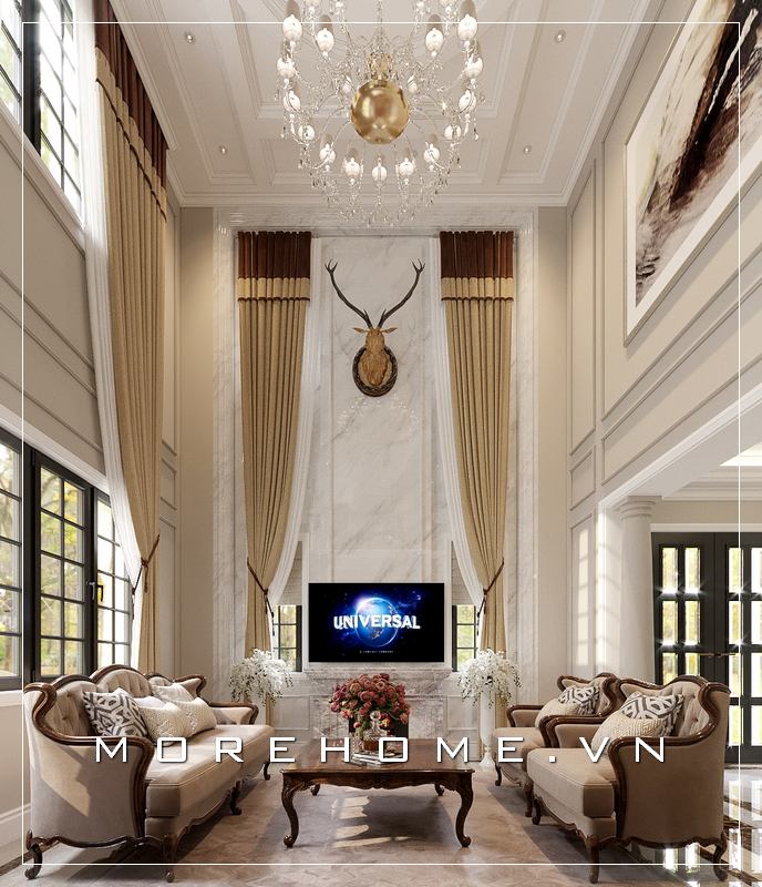 Thiết kế nội thất phòng khách gỗ óc chó