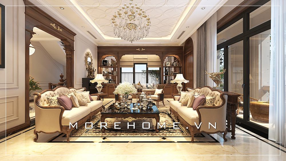 Thiết kế nội thất phòng khách gỗ óc chó