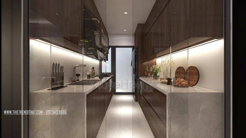 Mẫu tủ bếp được thiết kế hiện đại với chất liệu gỗ công nghiệp và đá granite dễ dàng thi công và lắp đặt