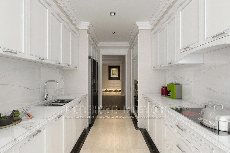Thiết kế tủ bếp gỗ chữ i kiểu dáng song song dành cho nhà chung cư bằng cách tận dụng tối đa diện tích không gian cho người nội trợ sự thoái mái cao nhất cho hoạt động nấu nướng