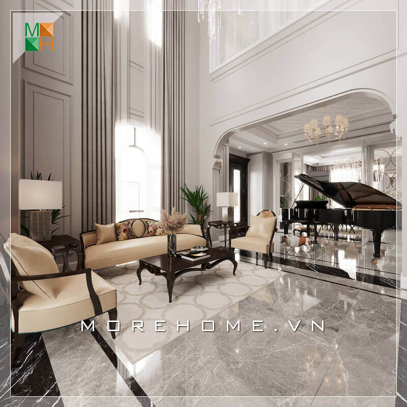 Gợi ý cho bạn mẫu thiết kế không gian phòng khách tân cổ điển rộng, sang trọng cho chung cư cao cấp, biệt thự, nhà phố đẹp, căn hộ penthouse.