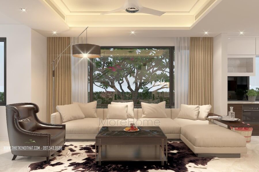 Thiết kếtrang trí nội thất phòng khách với tông màu trung tính thể hiện sự hiện đại và sang trọng