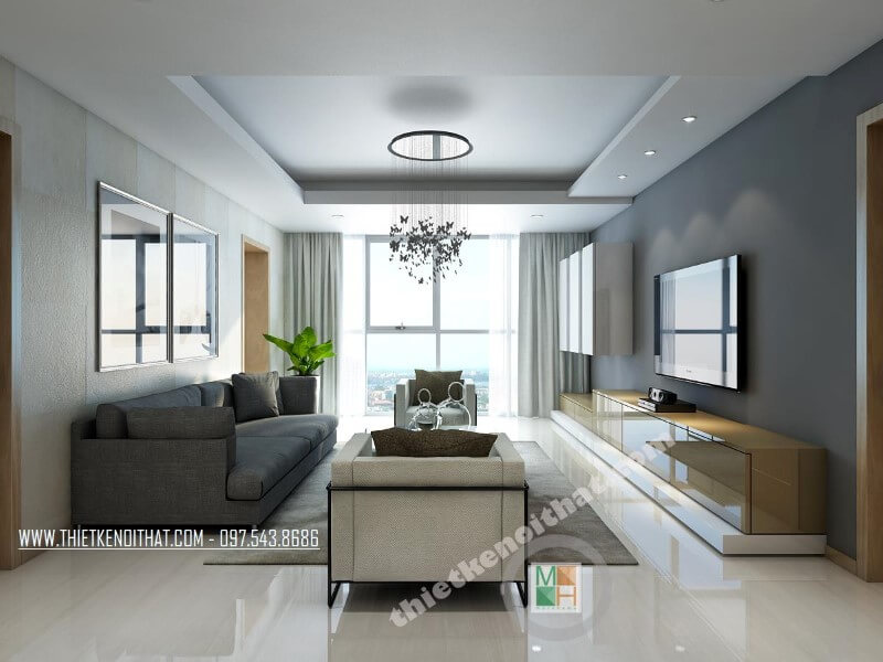 Mẫu thiết kế phòng khách chung cư cao cấp với bộ sofa bọc vải xám và trắng ấn tượng, kết hợp cách đồ nội thất nhỏ gọn mang đến không gian thoáng đãng.