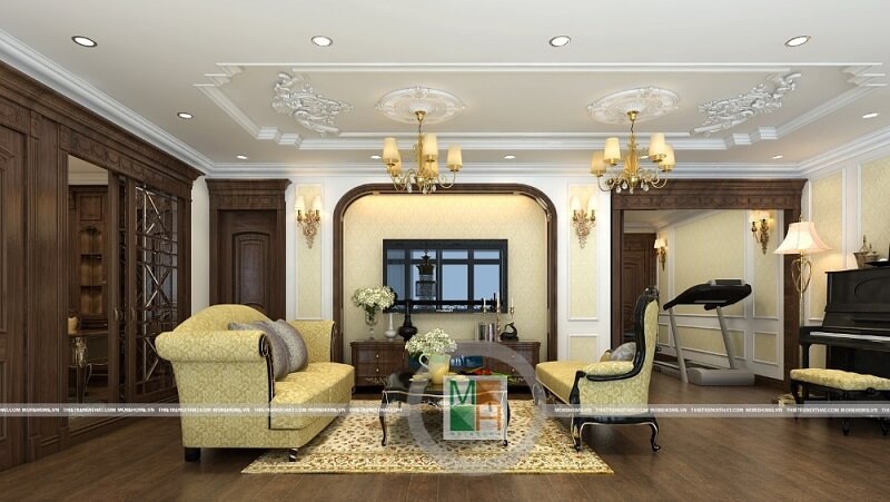 Mẫu thiết kế phòng khách chung cư đẹp với  bộ sofa tân cổ điển màu vàng ánh kim ấn tượng cuốn hút mọi ánh nhìn