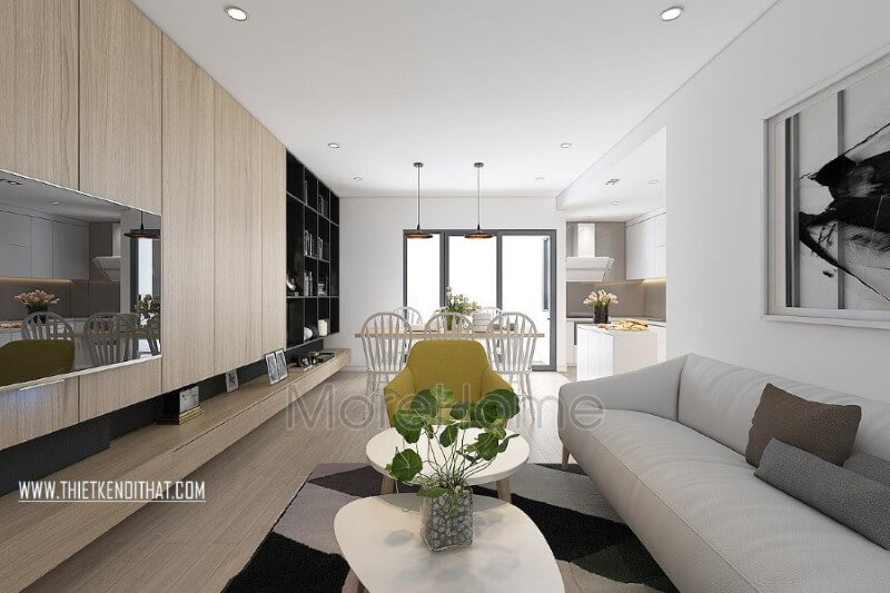 Thiết kế nội thất phòng khách hiện đại sử dụng tone màu kem sữa và trắng làm màu chủ đạo mang đến cảm giác tinh tế và thanh thoát cho căn hộ