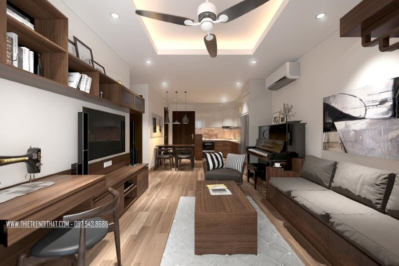 Trang trí phòng khách chung cư đẹp và ấn tượng với tone màu trầm từ nội thất gỗ