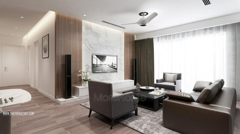 Với lối thiết kế hiện đại, nhẹ nhàng, sự sắp xếp hợp lí của nội thất cũng như màu sắc không gian mang lại cảm giác hài hòa cho không gian tiếp khách của gia chủ