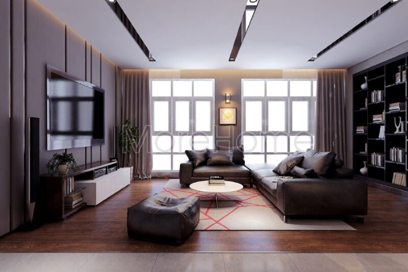 Việc bố trí hợp lí cũng như sử dụng khéo léo gam màu tối tinh tế, nội thất phòng khách chung cư trở nên sang trọng mà không kém phần ấm áp