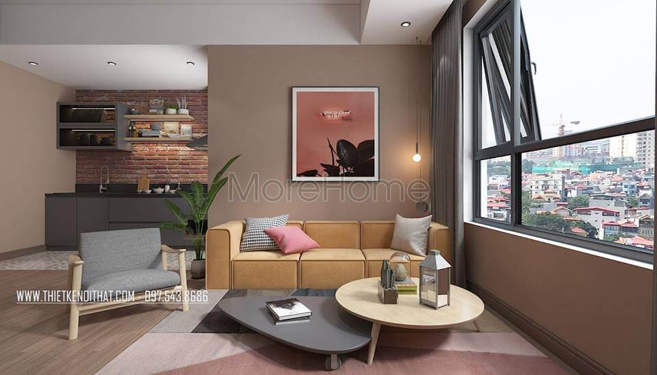 Phòng khách được thiết kế với cửa kính mở rộng thu hút tầm nhìn ra khoảng không rộng lớn, màu sắc của phòng khách không hề đơn điệu bởi sự kết hợp của ghế, đệm lót, ghế sofa đơn và đương nhiên bàn
