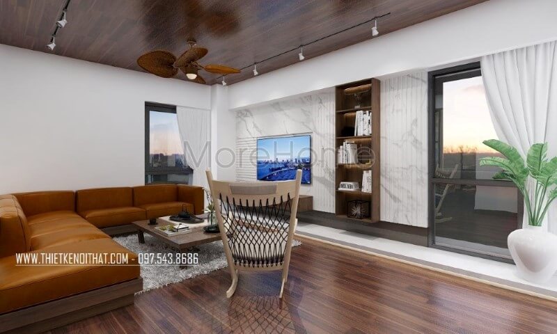 Phòng khách hiện đại, đẹp, sang trọng với ý tưởng kết hợp giữa sắc trắng cùng nét trầm từ gỗ ốp tường, gỗ lát sàn.