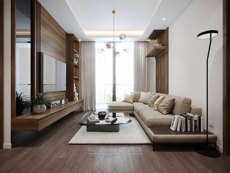 Phòng khách chung cư thiết kế đẹp mắt với đồ nội thất gỗ công nghiệp