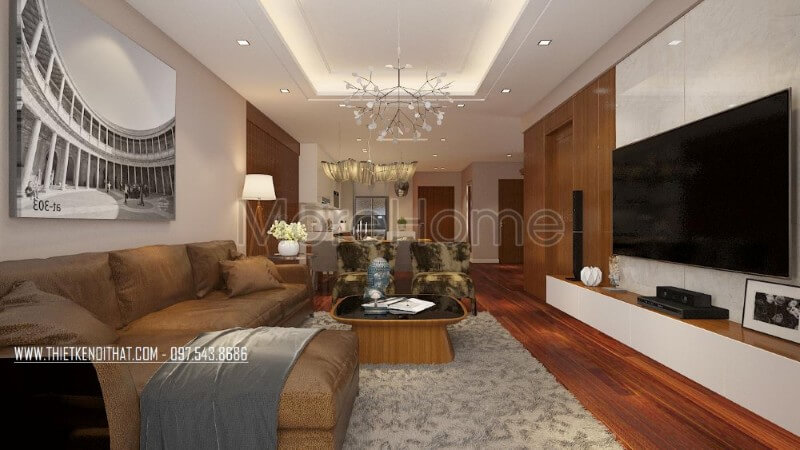 Thiết kế nội thất phòng khách chung cư đẹp sử dụng các chất liệu nhẹ nhàng góp phần mở rộng không gian và tăng độ thoáng cho căn hộ.