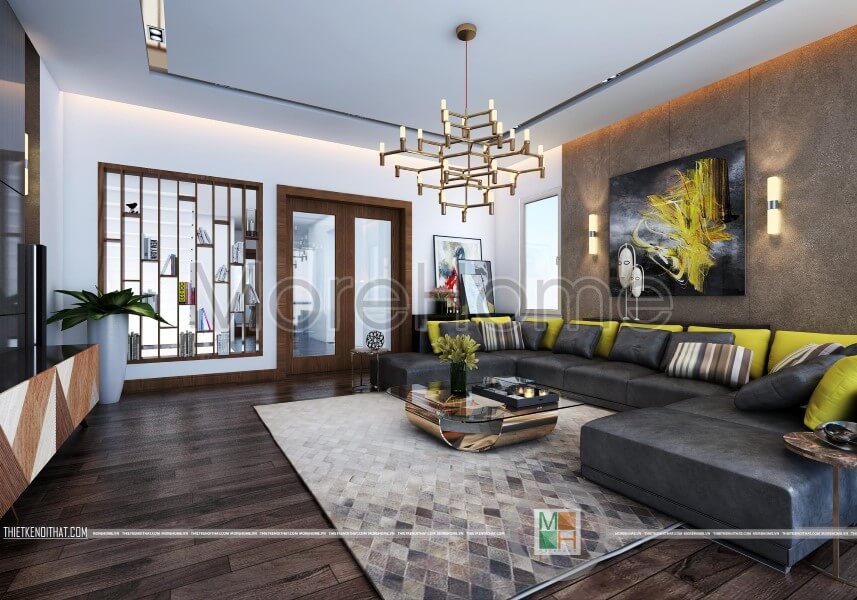 Thiết kế nội thất phòng khách được kiến trúc sư nhấn mạnh yếu tố xanh, lấy ánh sáng từ tự nhiên mang lại không khí trong lành cho không gian tiếp khách