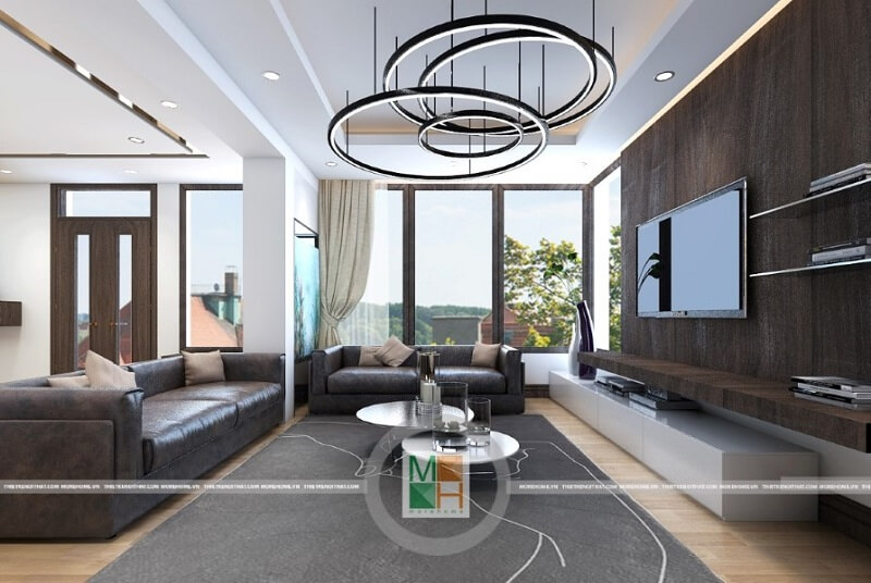 Trang trí nội thất phòng khách chung cư với  đồ nội thất sử dụng tông màu veneer trầm mang đến sự trang trọng và hiện đại cho không gian nội thất.