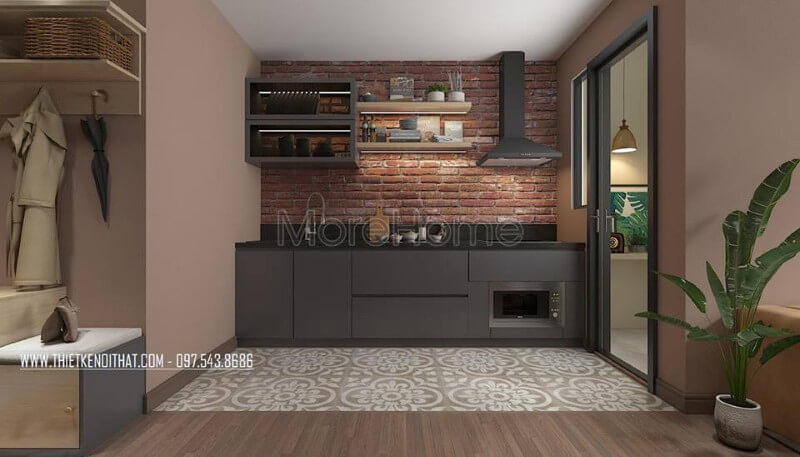 Thiết kế không gian phòng bếp được thu gọn như một căn phòng nhỏ ngăn nắp và mang nét văn hóa truyền thống