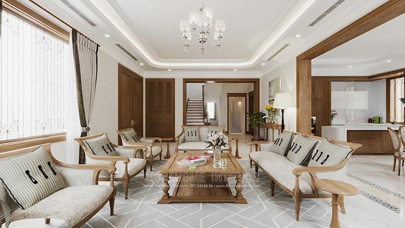 Mẫu bàn trà gỗ tự nhiên cao cấp cùng bộ ghế sofa gỗ sồi ấn tượng tạo điểm nhân cho căn phòng.