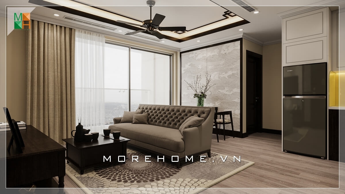 Thiết kế nội thất phòng khách tân cổ điển kết hợp nội thất gỗ tự nhiên tạo nên vẻ đẹp tinh tế, sang trọng cho không gian căn hộ chung cư cao cấp