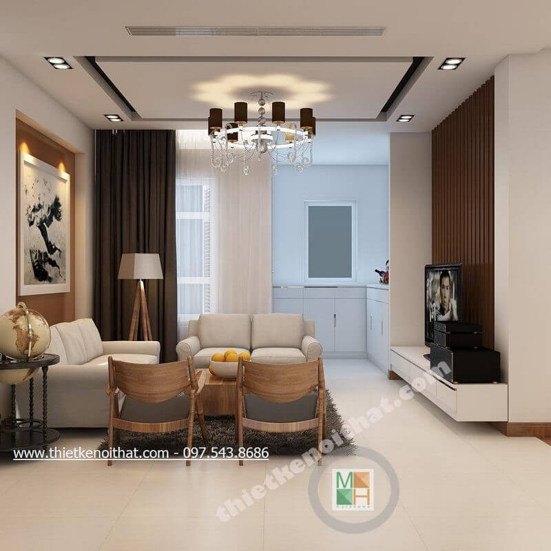 Thiết kế nội thất phòng khách hiện đại với tone màu trắng chủ đạo mang đến không gian tươi mới và sang trọng