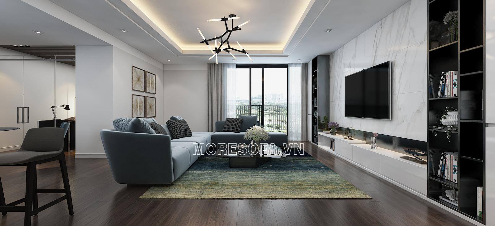Thiết kế nội thất phòng khách hiện đại đẹp cho biệt thự với bộ sofa bọc nỉ cao cấp màu xanh lam