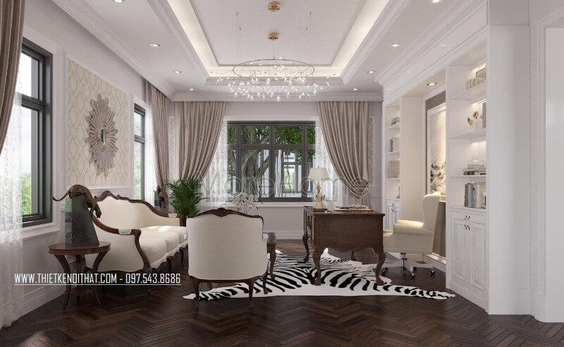Trang trí nội thất biệt thự với bộ sofa gỗ óc chó bọc vải màu trắng sữa cao cấp tân cổ điển