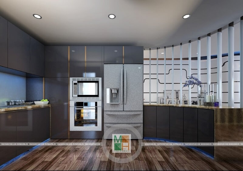 Mẫu thiết kế phòng bếp chung cư cao cấp với tông màu ghi xám chủ đạo vừa đảm bảo tính thẩm mỹ, hiện đại vừa giữ nguyên được ngôn ngữ thiết kế sang trọng và đơn giản của tổng thể thiết kế căn nhà.