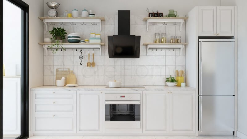 Nội thất phòng bếp đơn giản, thiết kế thanh ngang là chủ yếu cũng là một chủ ý không tồi giúp không gian nội trợ trở nên sang trọng mà tiện nghi