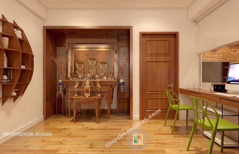 Mẫu thiết kế phòng thờ cao cấp sử dụng mẫu bàn thờ tân cổ điển kết hợp dụng vách cnc cao cấp mang đến vẻ đẹp trang trọng cho không gian căn phòng