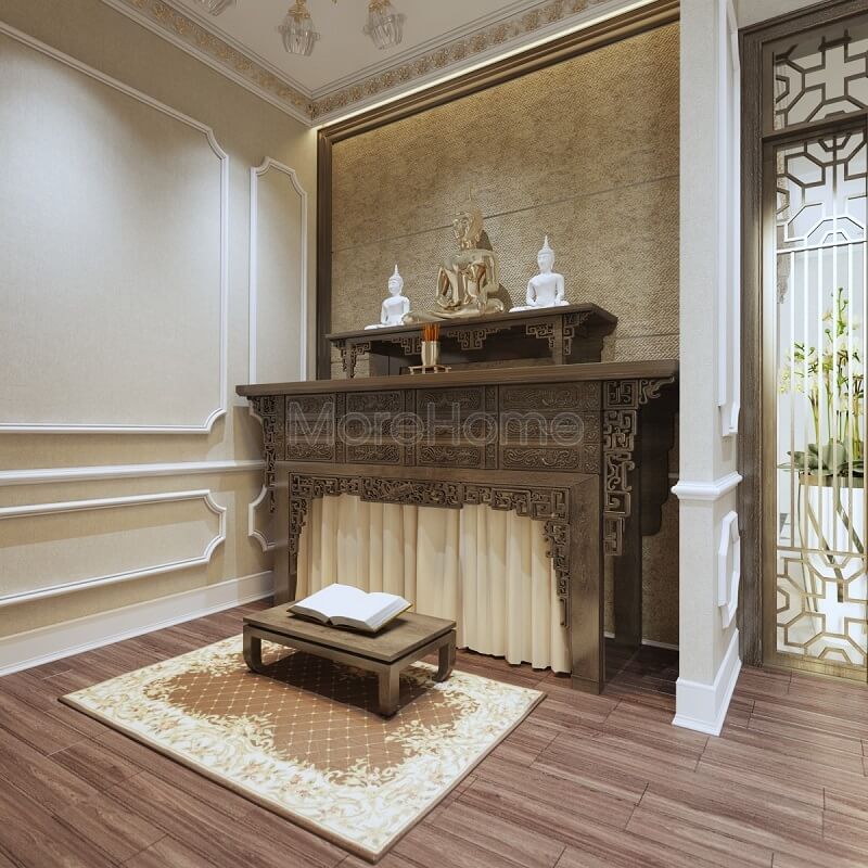 Thiết kế phòng thờ biệt thự cao cấp với bộ bàn thờ gỗ tự nhiên màu nâu trầm kết hợp sàn gỗ đồng màu mang đến vẻ đẹp sang trọng cho căn phòng 