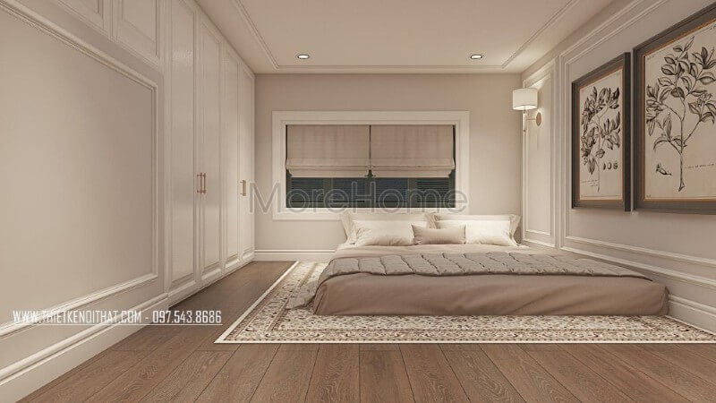 Nội thất phòng ngủ đơn giản, chỉ gồm một chiếc giường thấp có đệm, tranh treo tường Canvas cùng sàn gỗ màu nâu ấm áp tạo nên không gian riêng tư thoải mái, sang trọng mà không đơn điệu 
