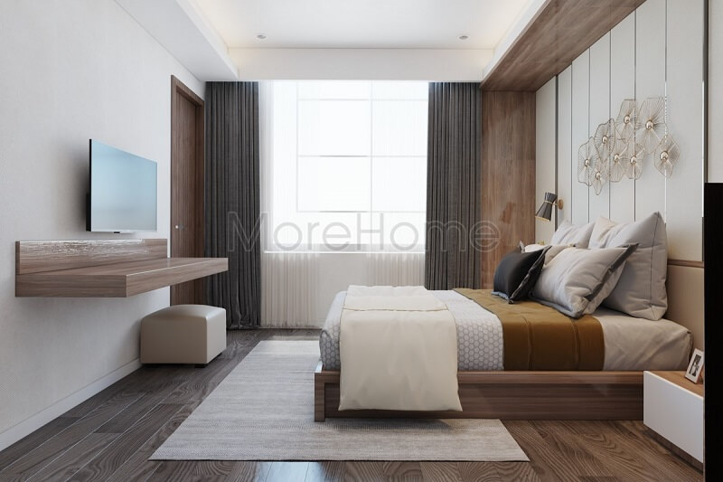 Trang trí nội thất phòng ngủ hiện đại với kệ ti vi treo tường nhỏ gọn kết hợp sử dụng kệ giấy dán tường, tranh canvas tô điểm vẻ đẹp căn phòng