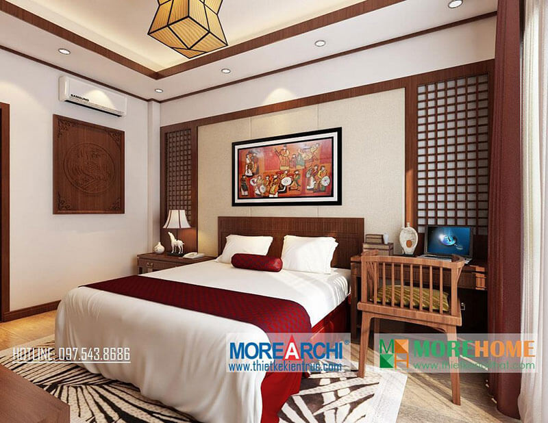 Phòng ngủ với nội thất gỗ tự nhiên mang đến sự ấm, đơn điệu trong không gian phòng