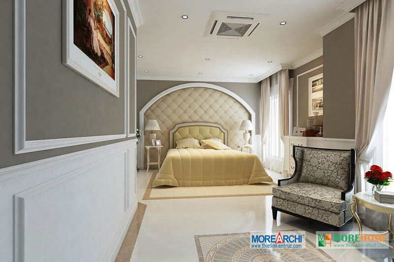 Thiết kế nội thất phòng ngủ tân cổ điển với tone màu vàng kem tạo cảm giác ấm cúng, nhẹ nhàng