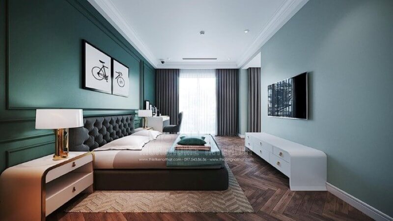Giường ngủ bọc nệm đơn sắc kết hợp cùng nghệ thuật phối màu đã tạo nên không gian phòng ngủ đẹp, sang trọng.