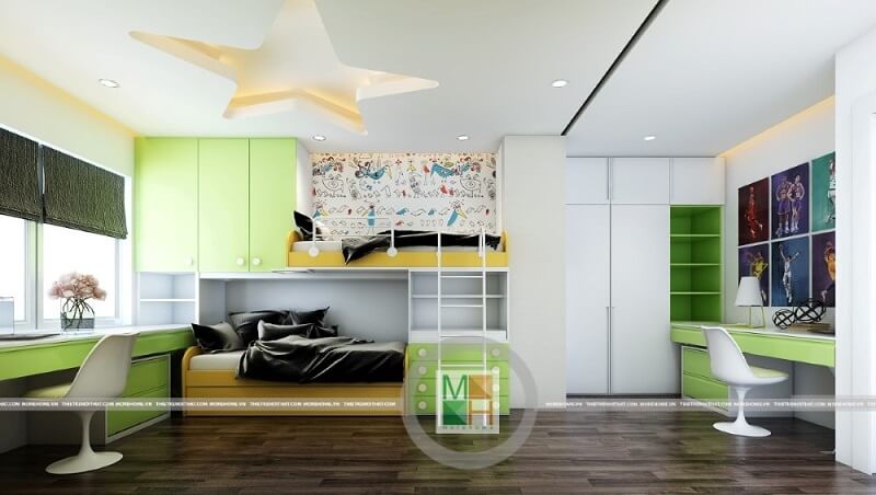 Mẫu thiết  kế phòng ngủ trẻ em đẹp với mẫu giường tầng màu xanh độc đáo tạo điểm nhấn nổi bật cho căn phòng.
