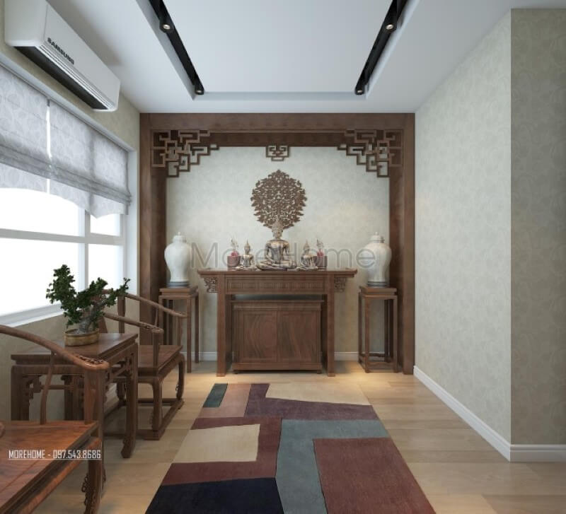 Nội thất phòng thờ chung cư được thiết kế rất trang nghiêm với đồ gỗ nội thất tự nhiên kết hợp gam màu gỗ xưa truyền thống. 