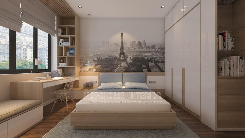 Thiết kế nội thất phòng ngủ hiện đại, đẹp sang trọng với tranh dán tường địa danh nổi tiếng cùng nội thất gỗ công nghiệp An Cường cao cấp.