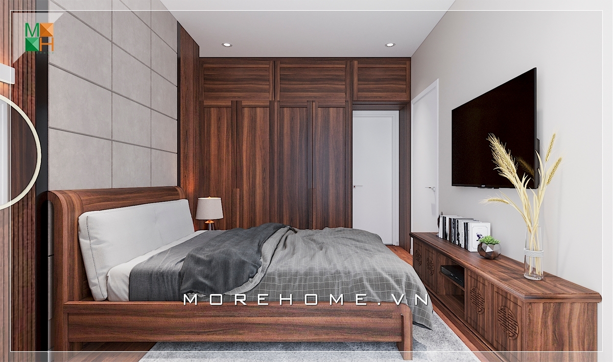 Phòng ngủ chung cư đẳng cấp và sang trọng, nội thất gỗ óc chó tự nhiên với đường vân độc đáo, lạ mắt trở thành điểm nhấn nổi bật trong mẫu thiết kế này